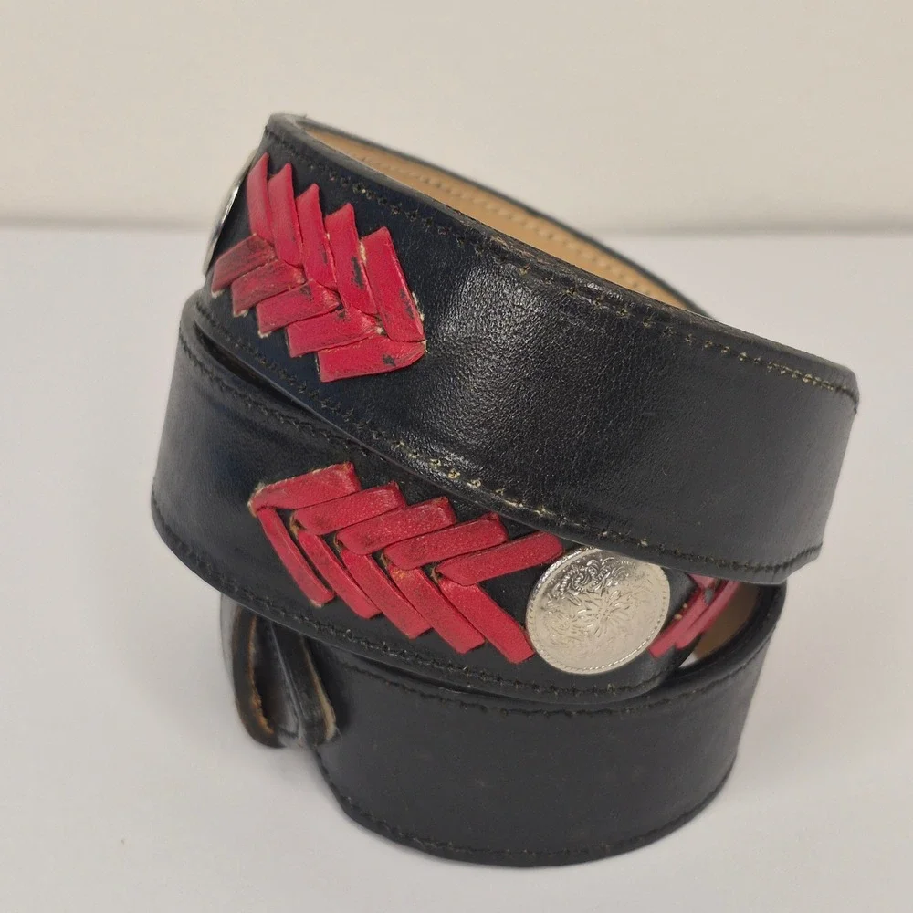 Brazos Joe Western Black Red Woven Leather Concho Belt Made in‎ USA Mens Size 30